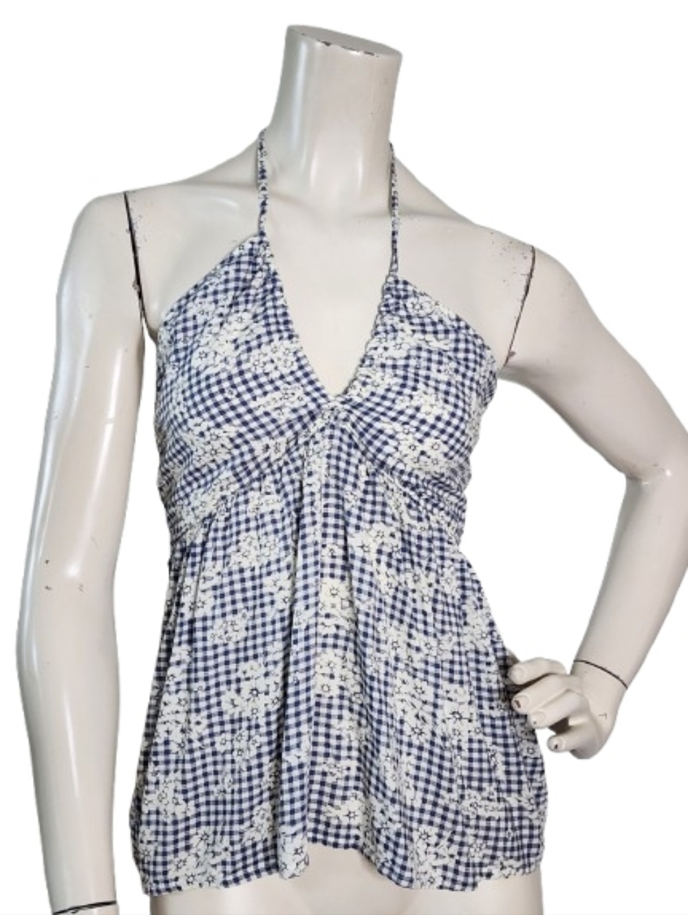 American Eagle Top Women's M Blue Gingham Floral Halter Babydoll Smocked